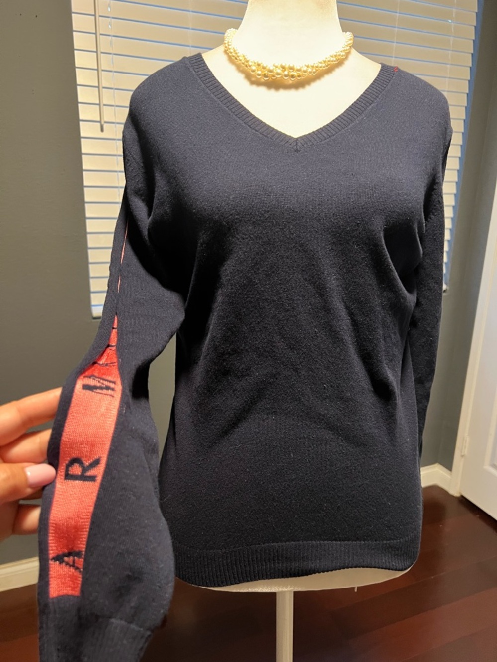 New Armani Exchange Navy V-Neck Sweater with Logo Sleeve Detailing. Med